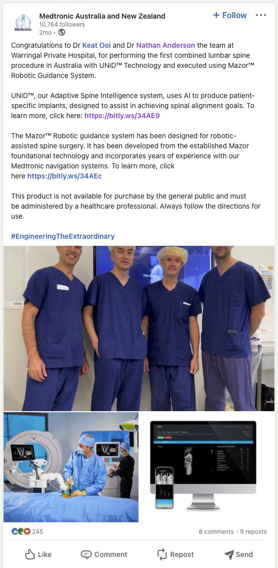 A LinkedIn article showcasing the team trained in new spine surgery technology